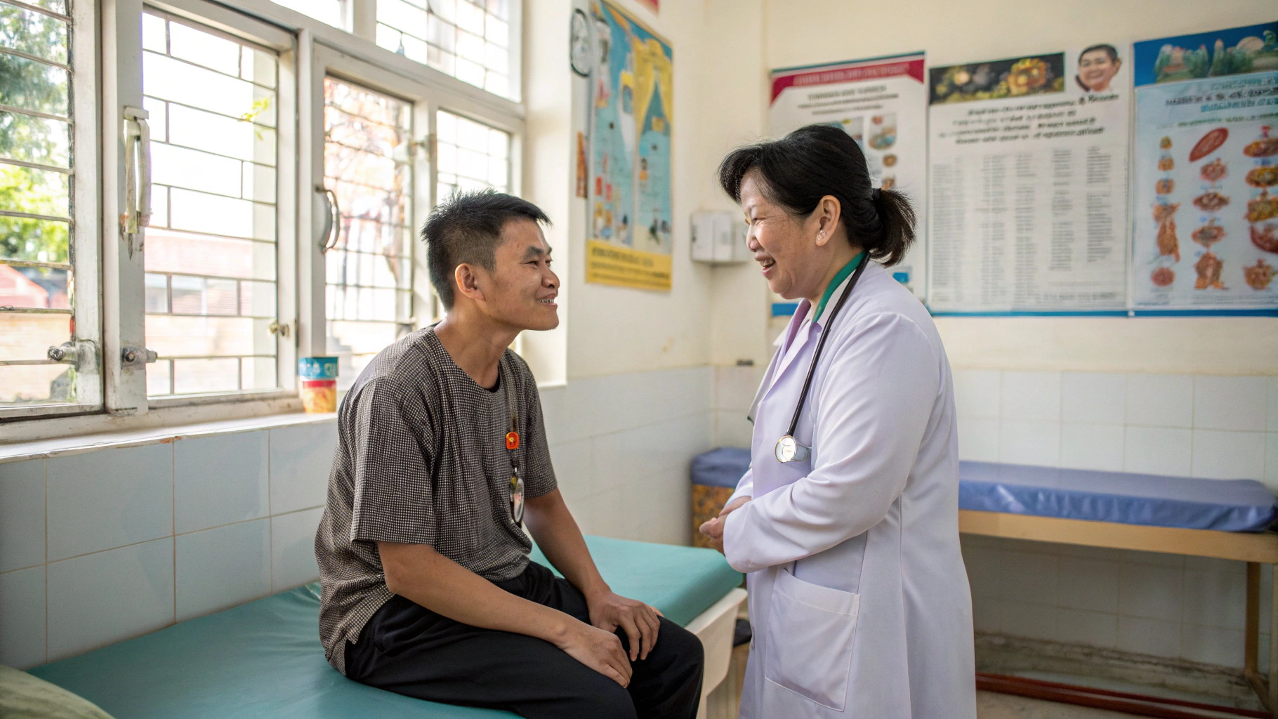 Bác sĩ tư vấn cho bệnh nhân tại phòng khám với điện thoại trên bàn làm việc