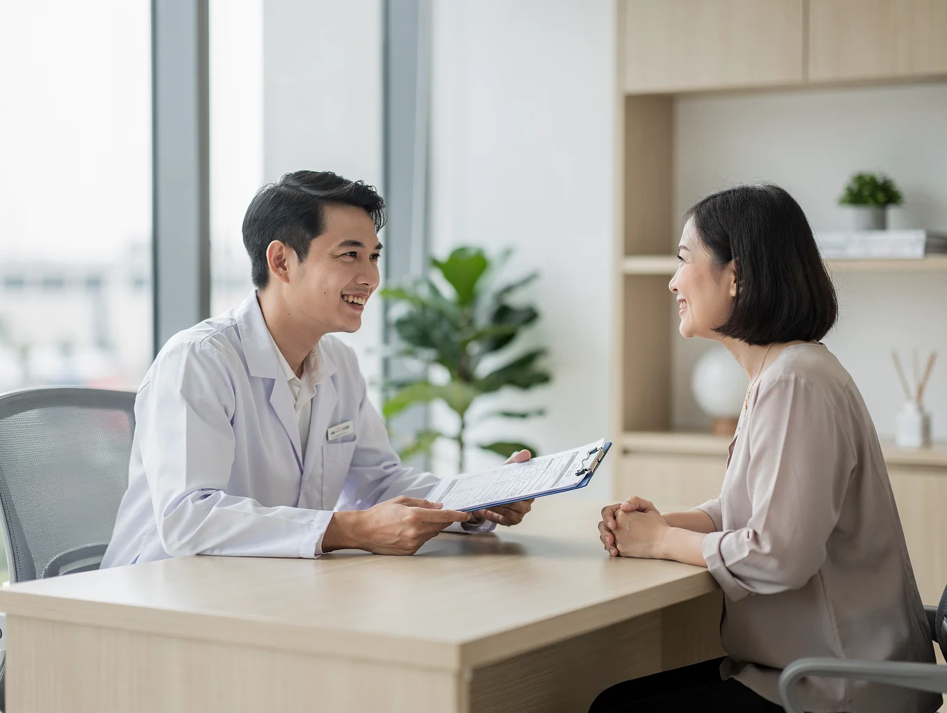 Bác sĩ phòng khám đang theo dõi màn hình tư vấn bệnh nhân